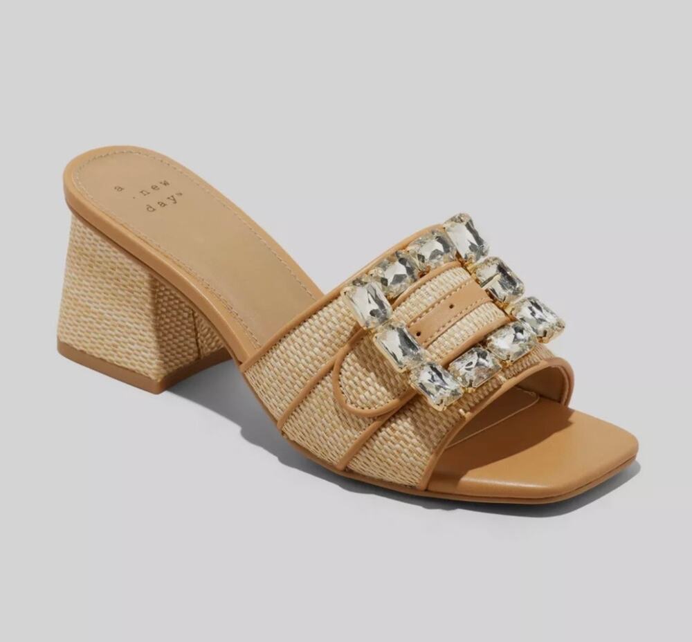 Women Kathleen Raffia Buckle Block Heels - A New Day - Beige